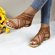 Women Roman Gladiator Muliti Straped Back Zip Design Flat Heel Sandals