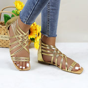 Women Roman Gladiator Muliti Straped Back Zip Design Flat Heel Sandals