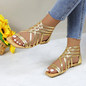 Women Roman Gladiator Muliti Straped Back Zip Design Flat Heel Sandals