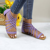 Women Roman Gladiator Muliti Straped Back Zip Design Flat Heel Sandals