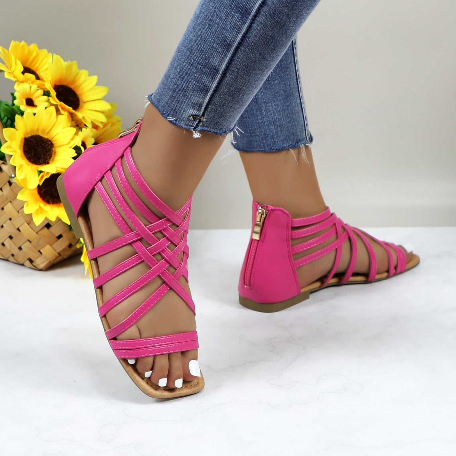 Women Roman Gladiator Muliti Straped Back Zip Design Flat Heel Sandals