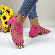 Women Roman Gladiator Muliti Straped Back Zip Design Flat Heel Sandals