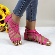 Women Roman Gladiator Muliti Straped Back Zip Design Flat Heel Sandals