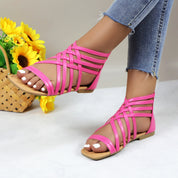 Women Roman Gladiator Muliti Straped Back Zip Design Flat Heel Sandals