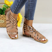 Women Roman Gladiator Muliti Straped Back Zip Design Flat Heel Sandals