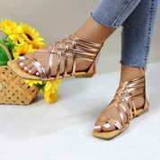 Women Roman Gladiator Muliti Straped Back Zip Design Flat Heel Sandals