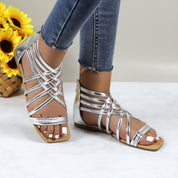 Women Roman Gladiator Muliti Straped Back Zip Design Flat Heel Sandals