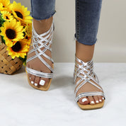 Women Roman Gladiator Muliti Straped Back Zip Design Flat Heel Sandals