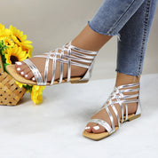 Women Roman Gladiator Muliti Straped Back Zip Design Flat Heel Sandals