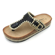Lurnyet Women Comfort Cork Footbed Thong Sandals Strap with Gold Slip-On Buckle