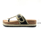 Lurnyet Women Comfort Cork Footbed Thong Sandals Strap with Gold Slip-On Buckle