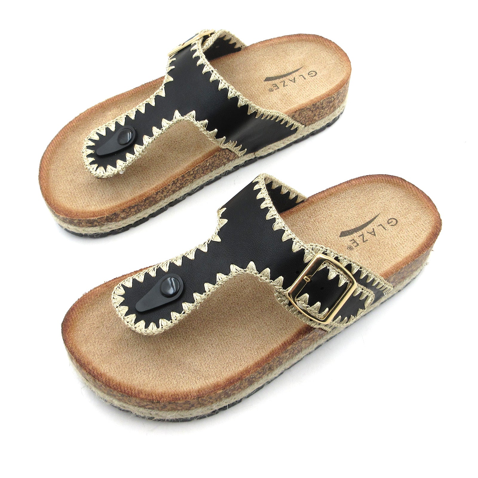 Lurnyet Women Comfort Cork Footbed Thong Sandals Strap with Gold Slip-On Buckle
