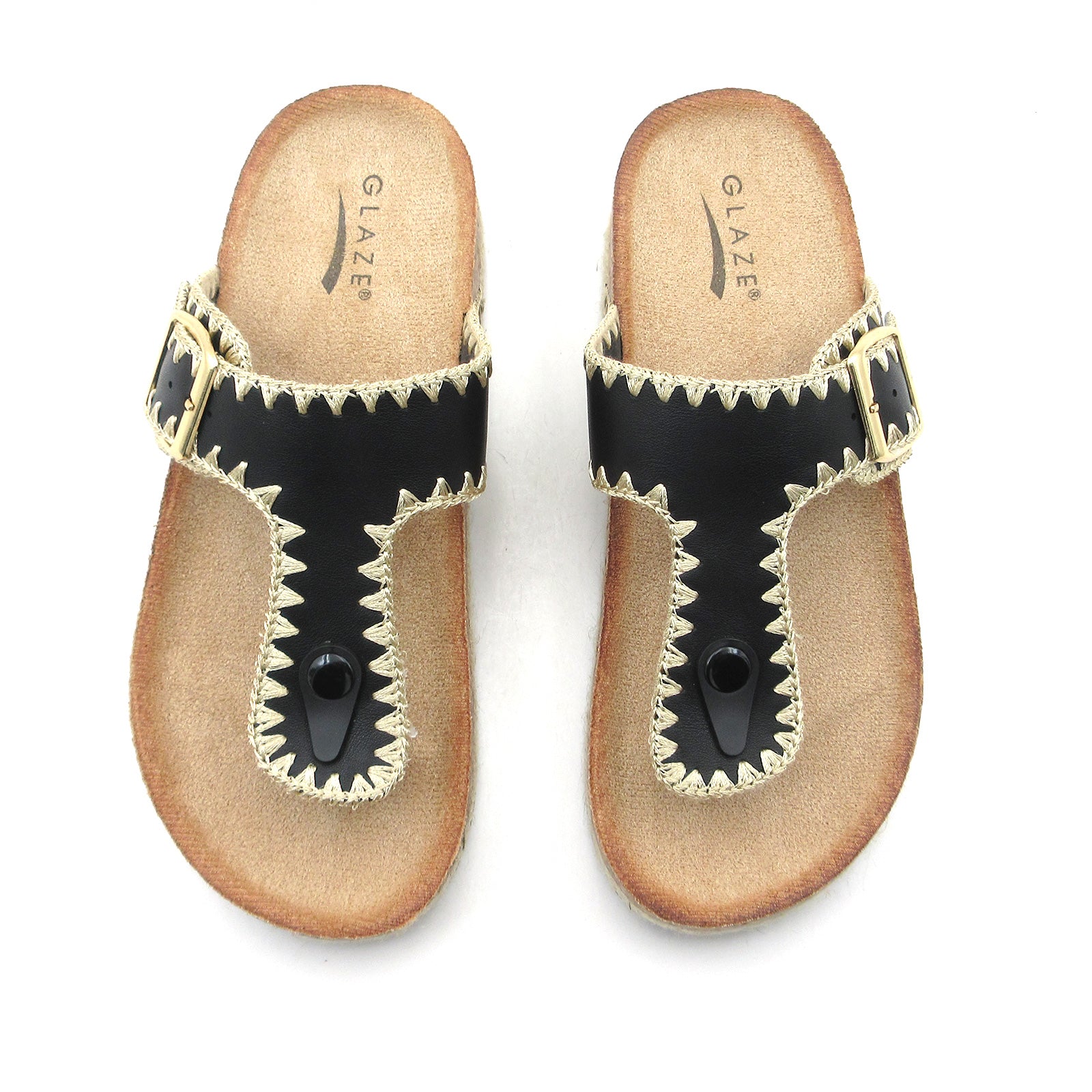 Lurnyet Women Comfort Cork Footbed Thong Sandals Strap with Gold Slip-On Buckle