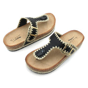 Lurnyet Women Comfort Cork Footbed Thong Sandals Strap with Gold Slip-On Buckle