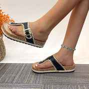 Lurnyet Women Comfort Cork Footbed Thong Sandals Strap with Gold Slip-On Buckle