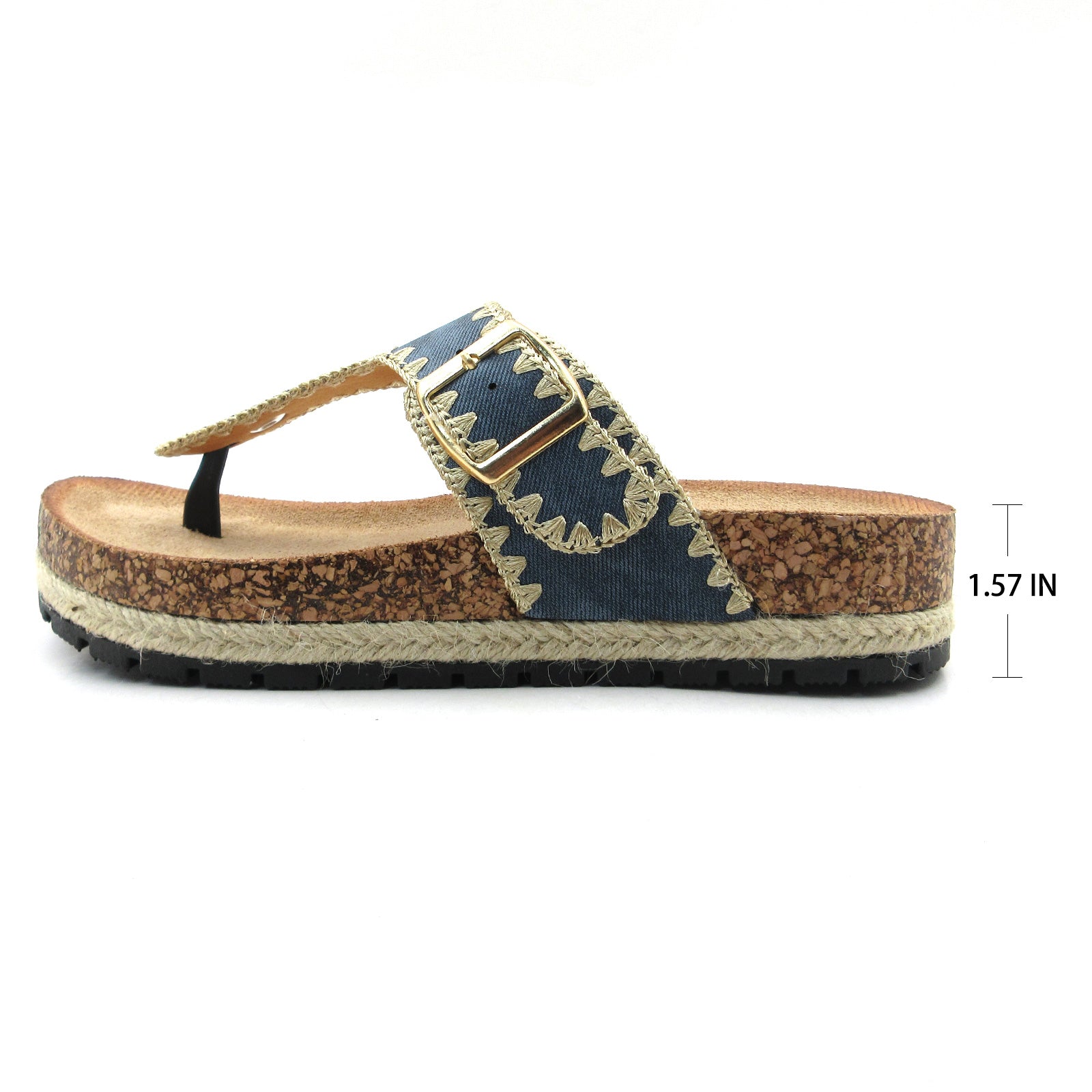 Lurnyet Women Comfort Cork Footbed Thong Sandals Strap with Gold Slip-On Buckle
