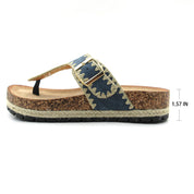 Lurnyet Women Comfort Cork Footbed Thong Sandals Strap with Gold Slip-On Buckle
