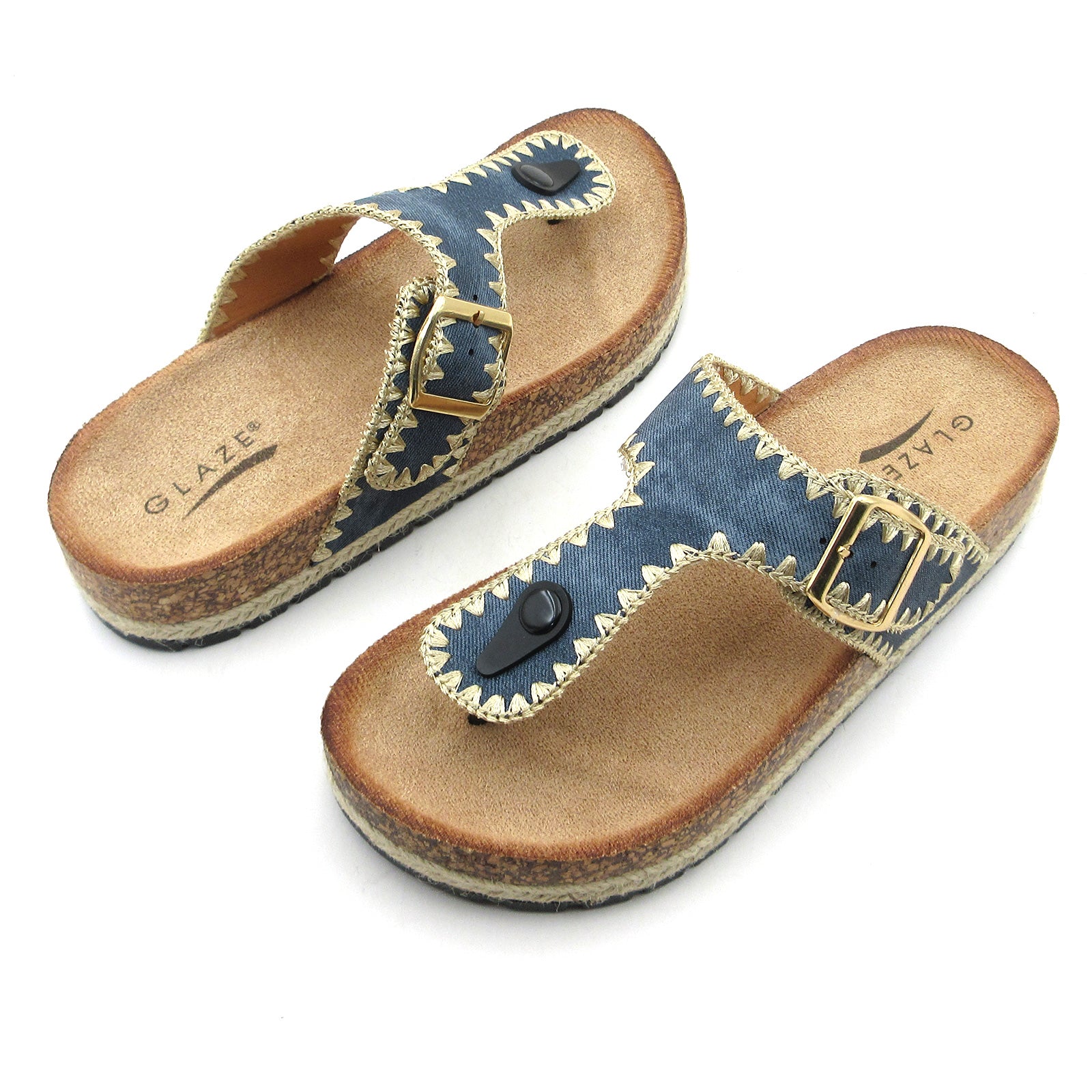 Lurnyet Women Comfort Cork Footbed Thong Sandals Strap with Gold Slip-On Buckle