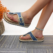Lurnyet Women Comfort Cork Footbed Thong Sandals Strap with Gold Slip-On Buckle
