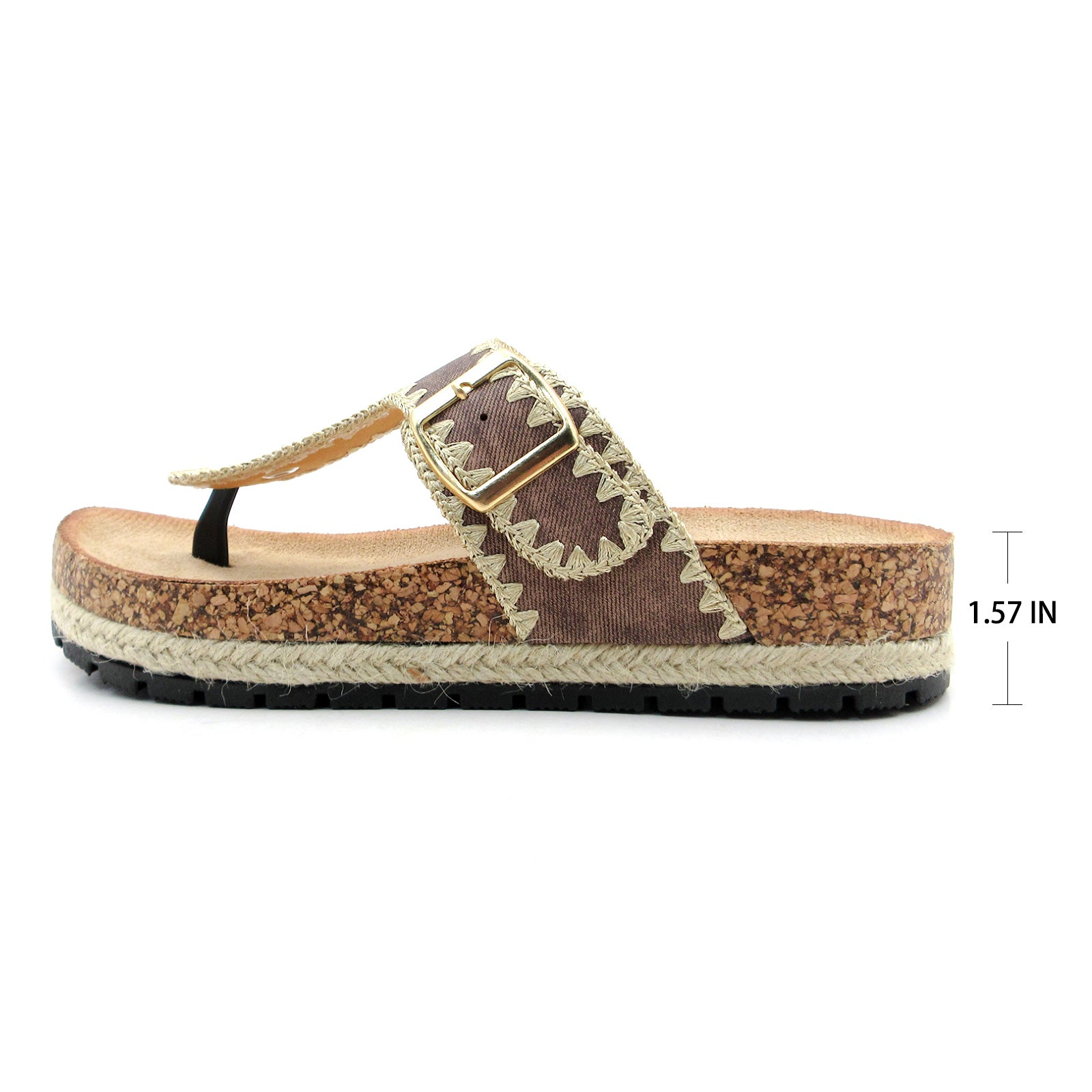 Lurnyet Women Comfort Cork Footbed Thong Sandals Strap with Gold Slip-On Buckle