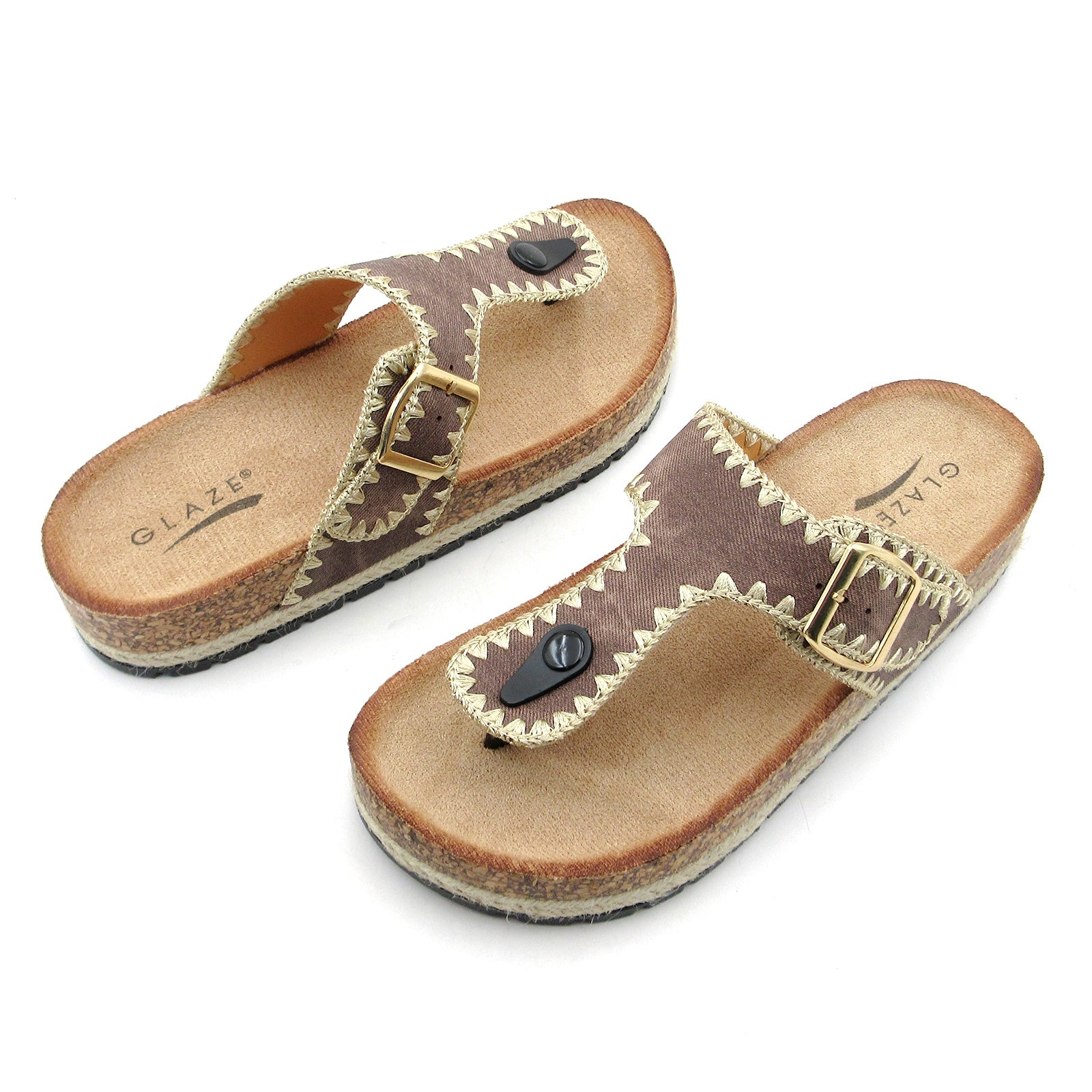 Lurnyet Women Comfort Cork Footbed Thong Sandals Strap with Gold Slip-On Buckle