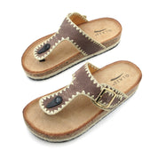 Lurnyet Women Comfort Cork Footbed Thong Sandals Strap with Gold Slip-On Buckle