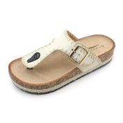 Lurnyet Women Comfort Cork Footbed Thong Sandals Strap with Gold Slip-On Buckle