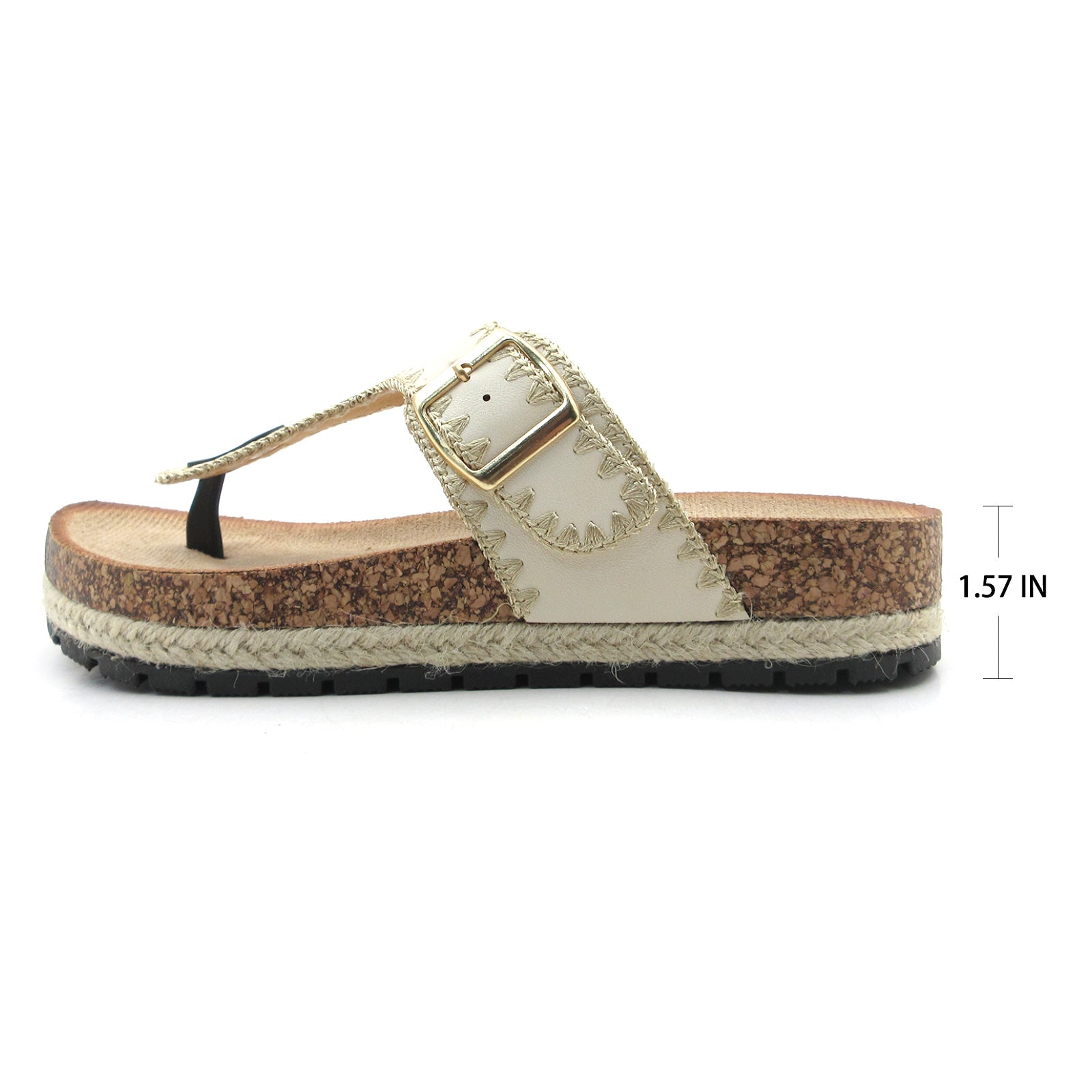 Lurnyet Women Comfort Cork Footbed Thong Sandals Strap with Gold Slip-On Buckle
