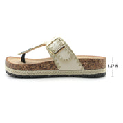 Lurnyet Women Comfort Cork Footbed Thong Sandals Strap with Gold Slip-On Buckle