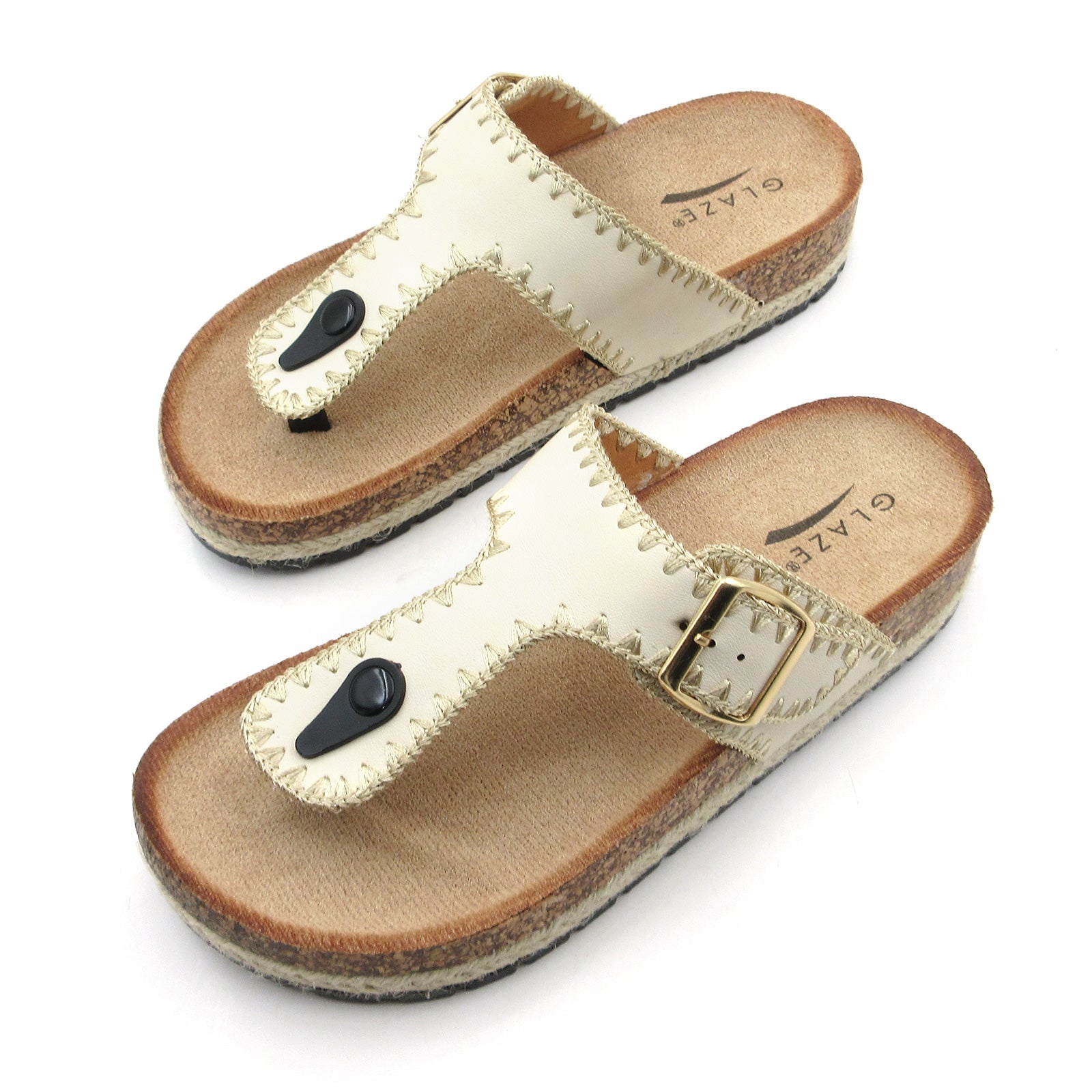 Lurnyet Women Comfort Cork Footbed Thong Sandals Strap with Gold Slip-On Buckle