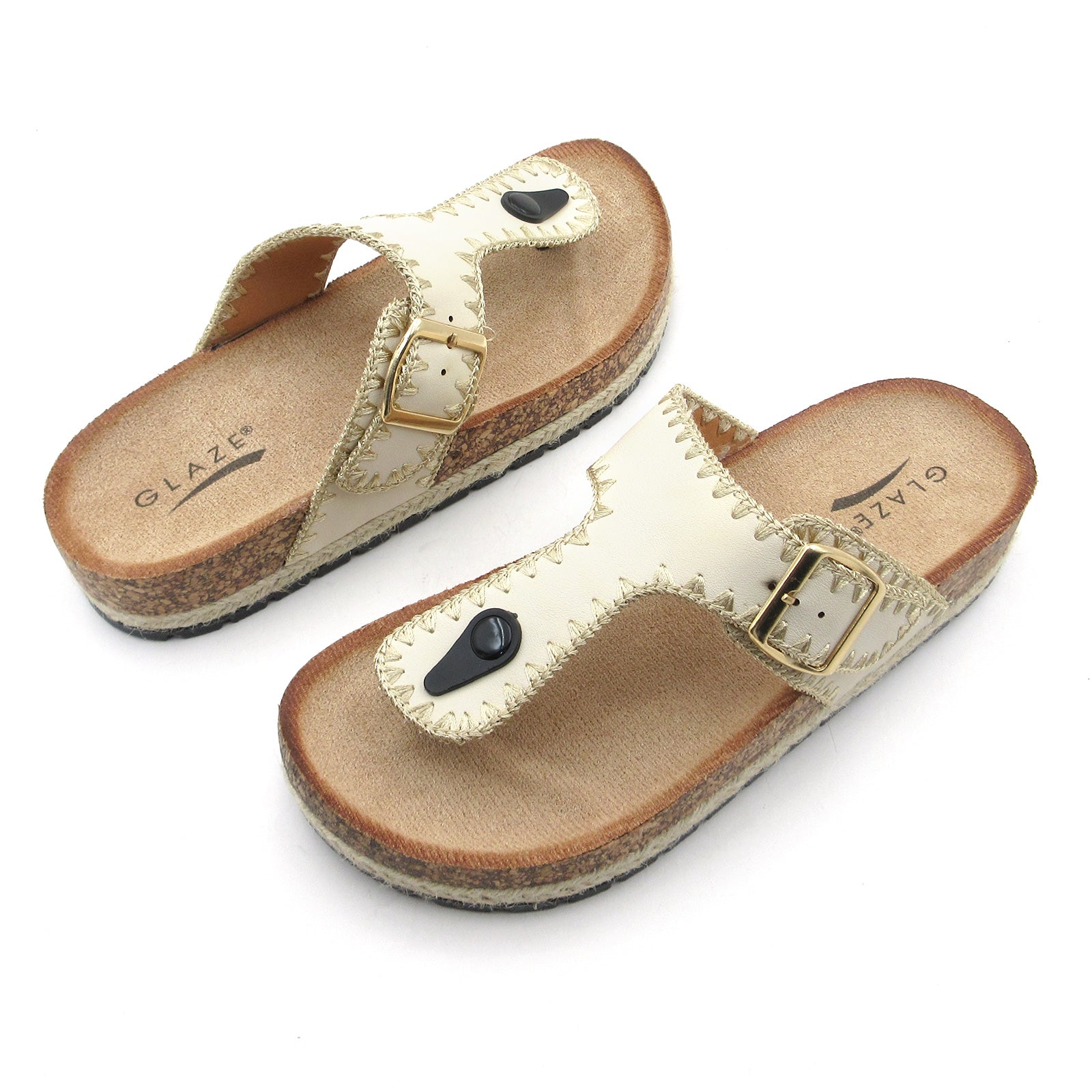 Lurnyet Women Comfort Cork Footbed Thong Sandals Strap with Gold Slip-On Buckle