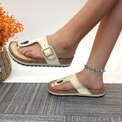 Lurnyet Women Comfort Cork Footbed Thong Sandals Strap with Gold Slip-On Buckle