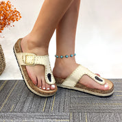 Lurnyet Women Comfort Cork Footbed Thong Sandals Strap with Gold Slip-On Buckle