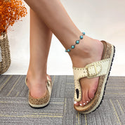 Lurnyet Women Comfort Cork Footbed Thong Sandals Strap with Gold Slip-On Buckle