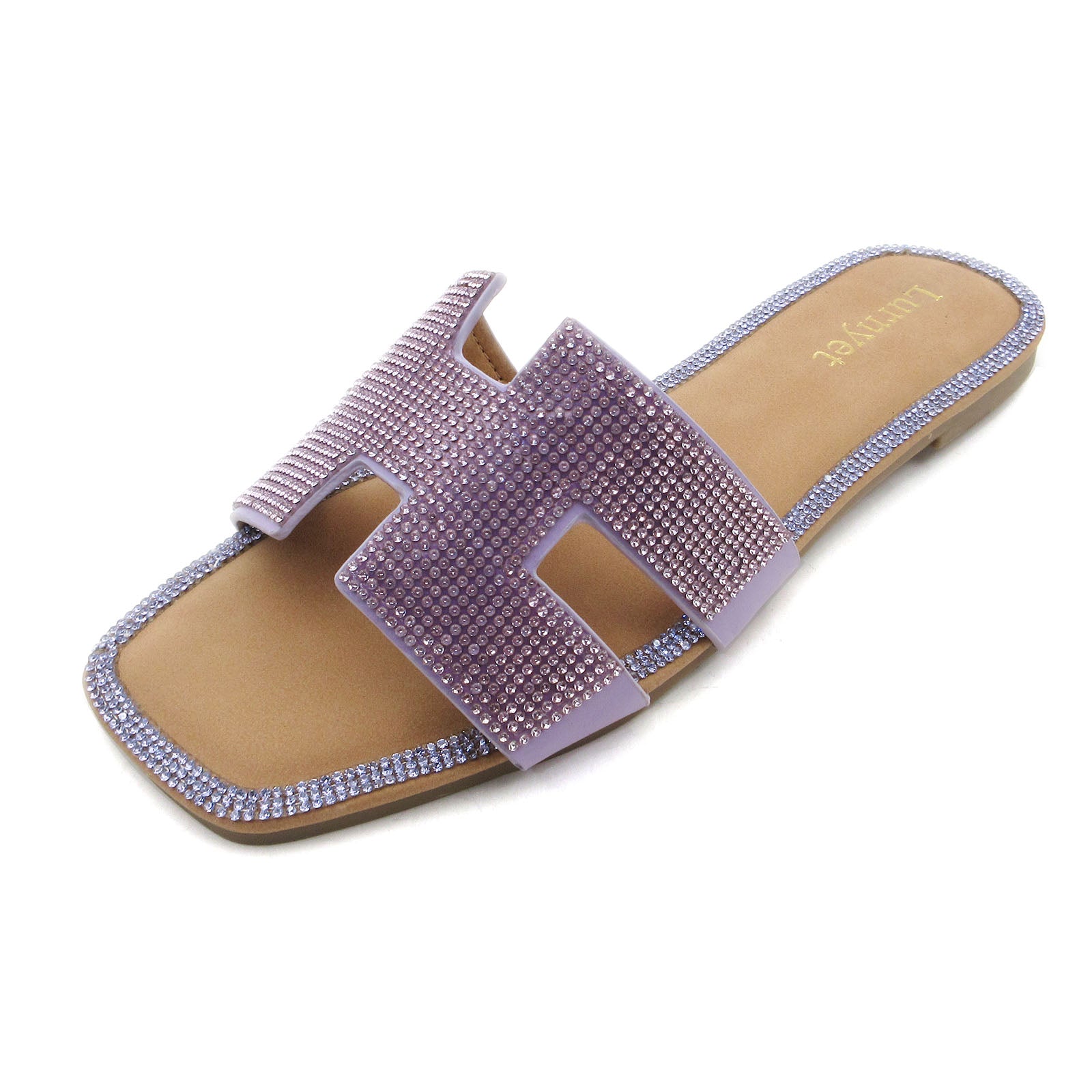 Lurnyet Women's Crystal Rhinestone Comfort Cushion Slide Casual Sandal Flat Heel