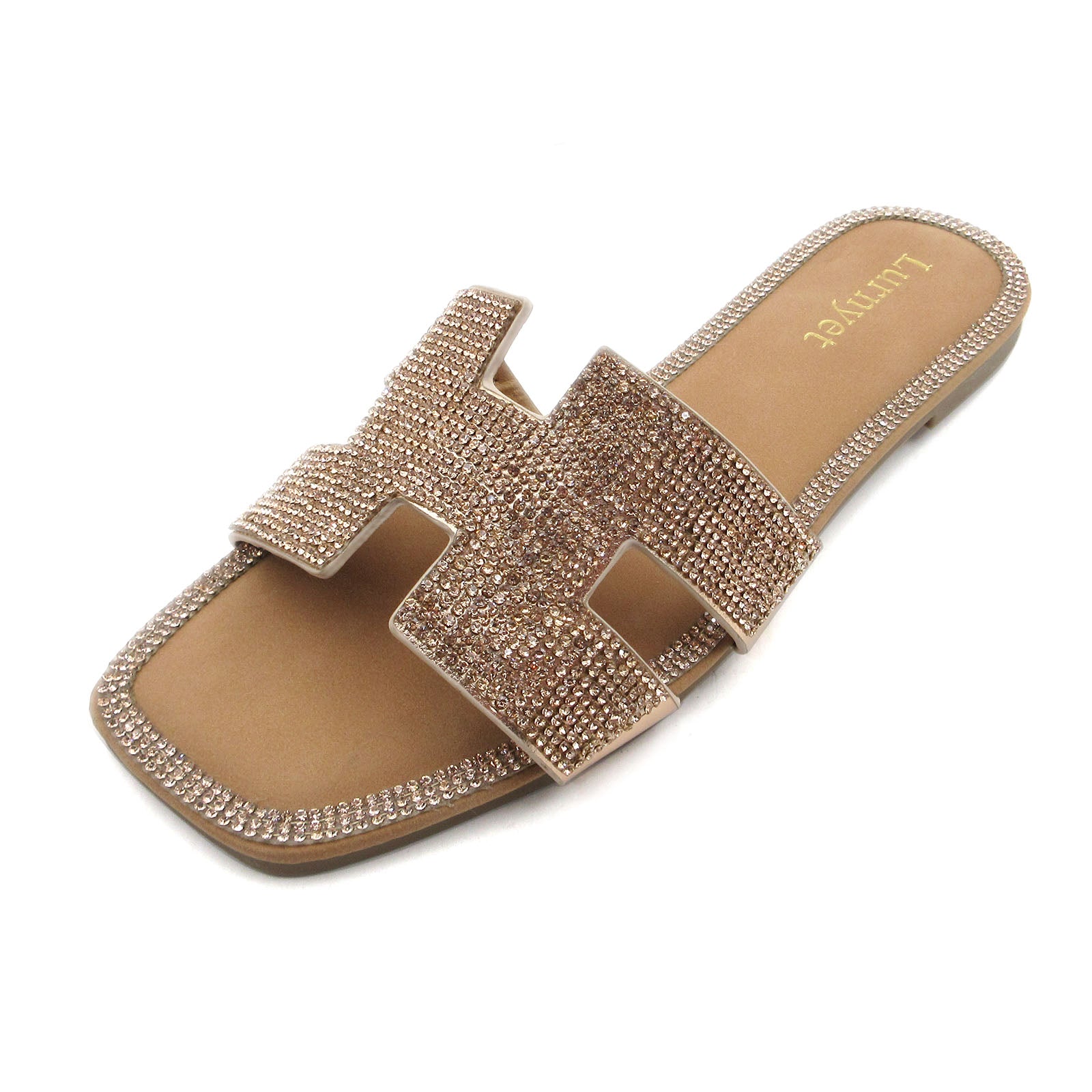 Lurnyet Women's Crystal Rhinestone Comfort Cushion Slide Casual Sandal Flat Heel