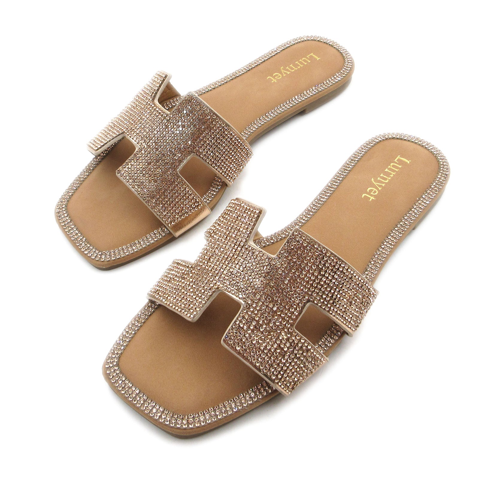 Lurnyet Women's Crystal Rhinestone Comfort Cushion Slide Casual Sandal Flat Heel