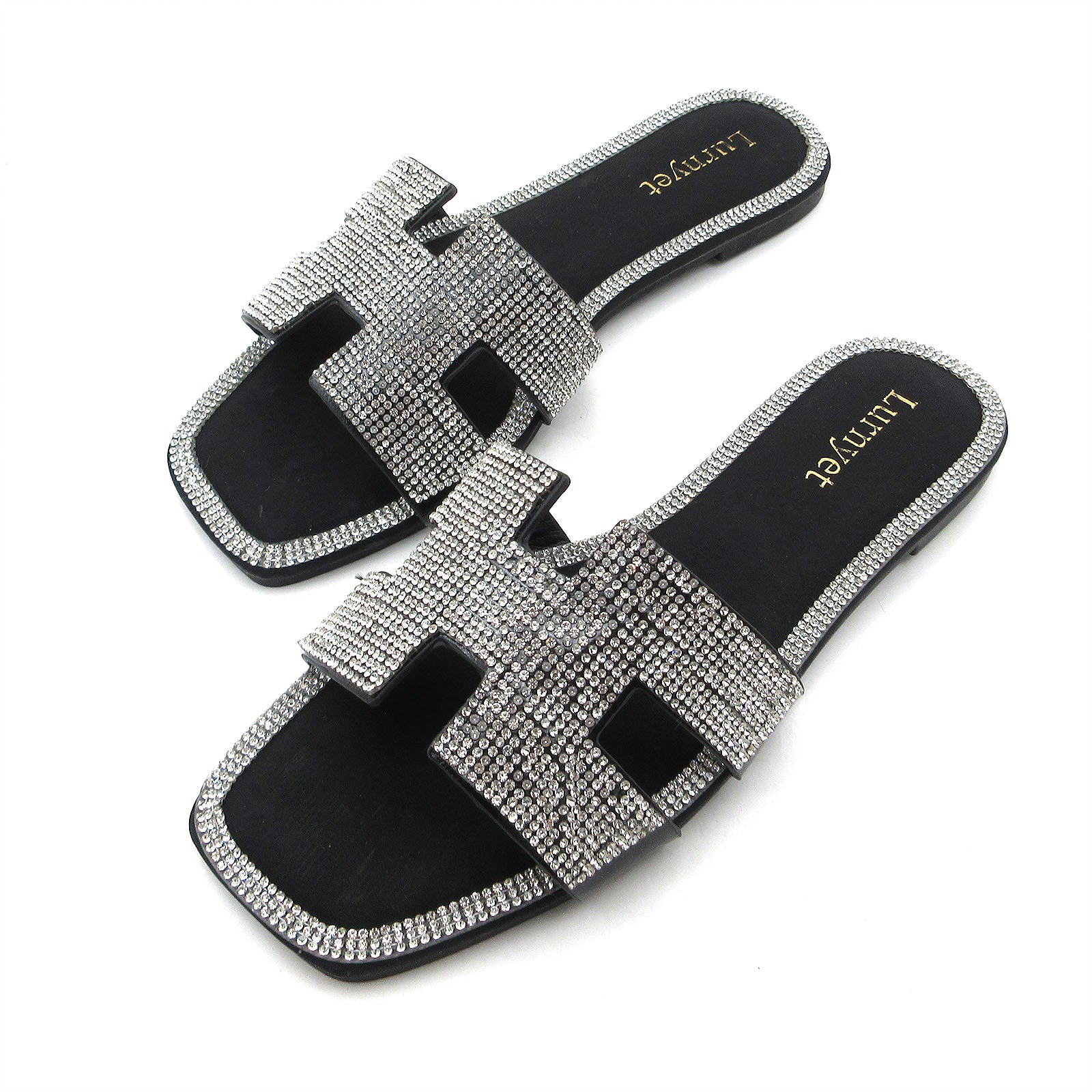 Lurnyet Women's Crystal Rhinestone Comfort Cushion Slide Casual Sandal Flat Heel