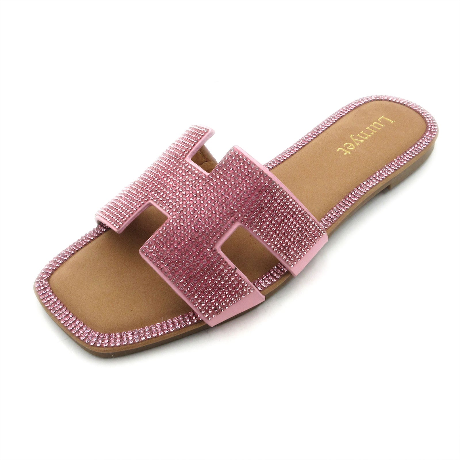 Lurnyet Women's Crystal Rhinestone Comfort Cushion Slide Casual Sandal Flat Heel