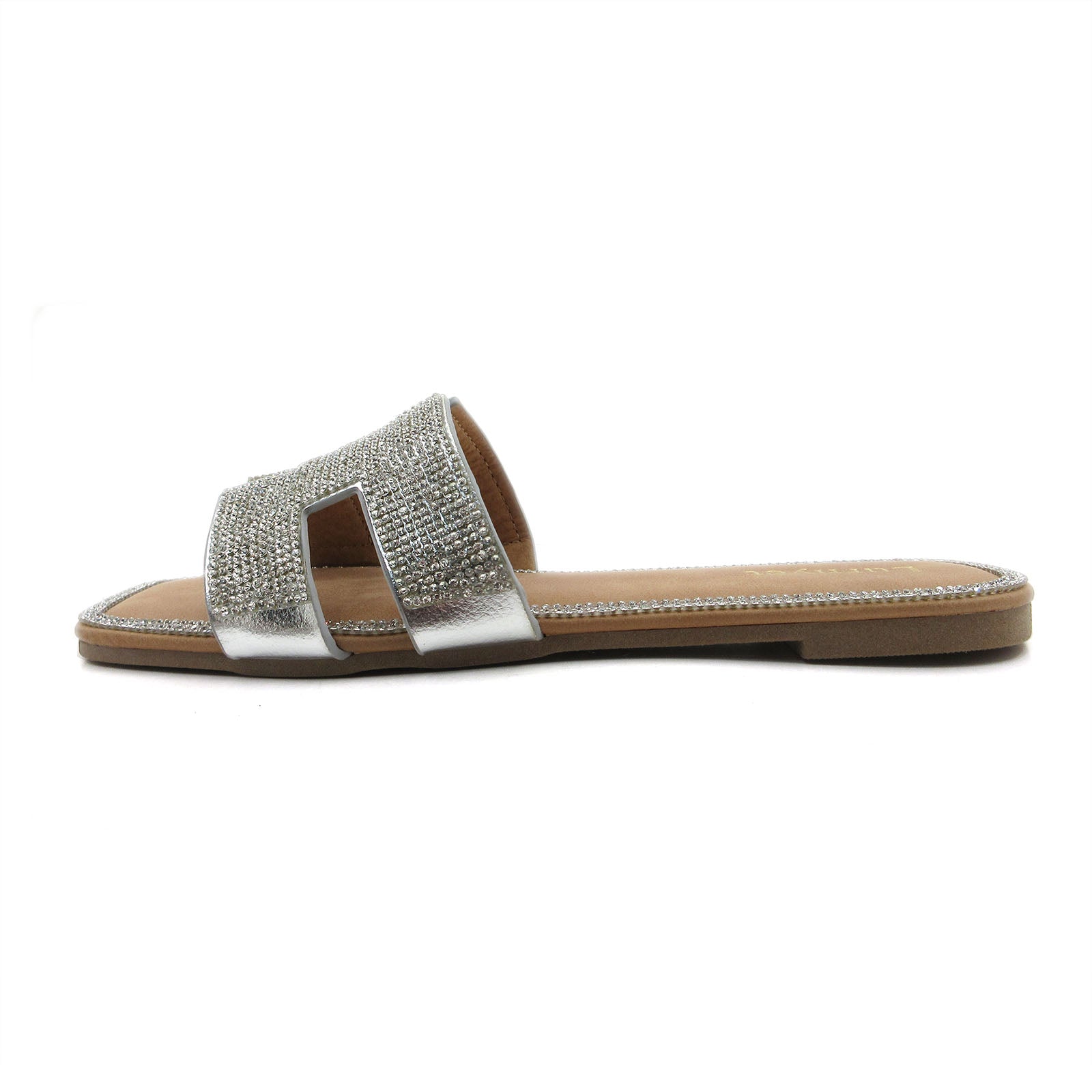 Lurnyet Women's Crystal Rhinestone Comfort Cushion Slide Casual Sandal Flat Heel