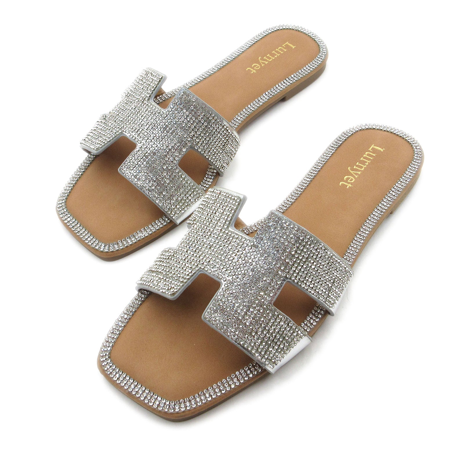 Lurnyet Women's Crystal Rhinestone Comfort Cushion Slide Casual Sandal Flat Heel