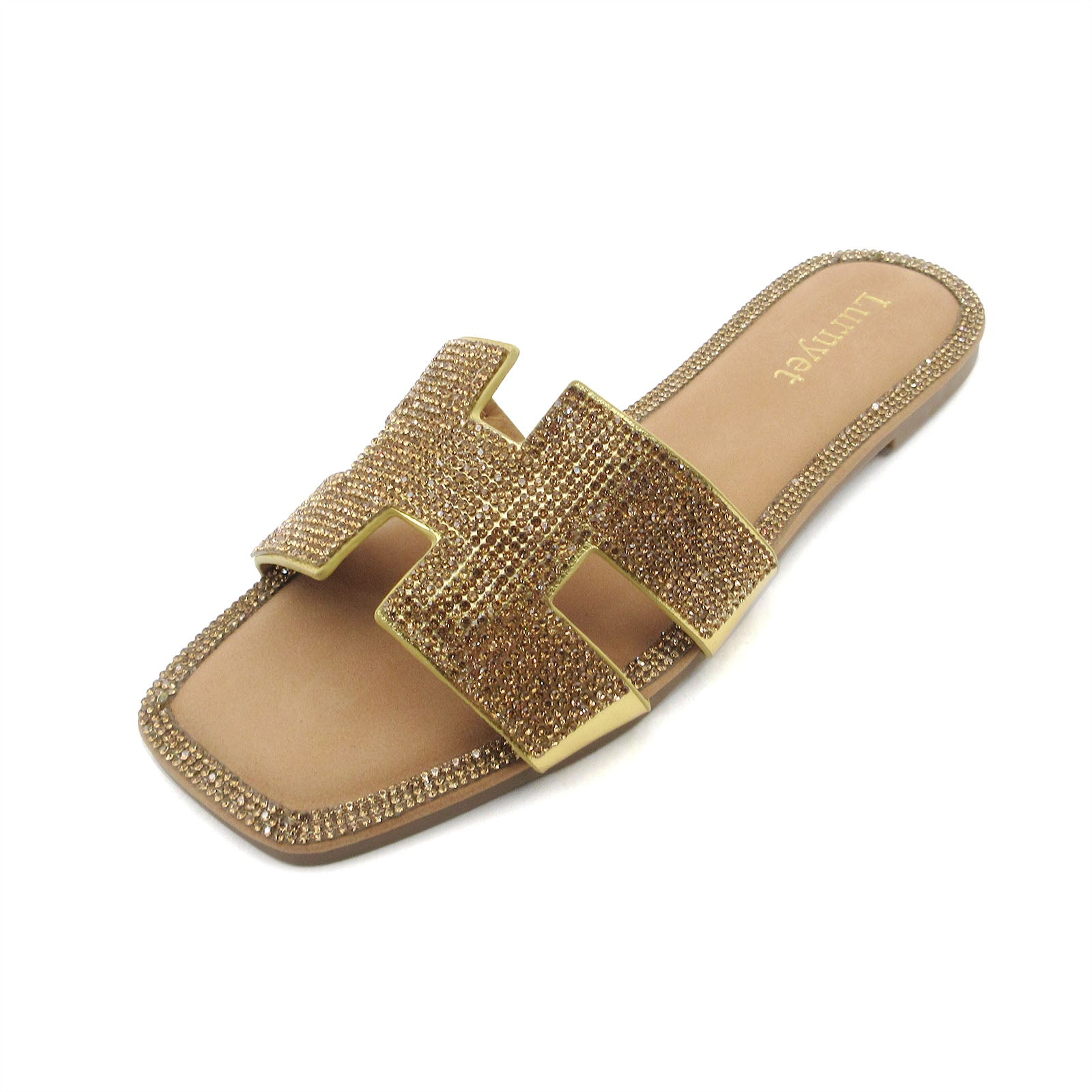 Lurnyet Women's Crystal Rhinestone Comfort Cushion Slide Casual Sandal Flat Heel