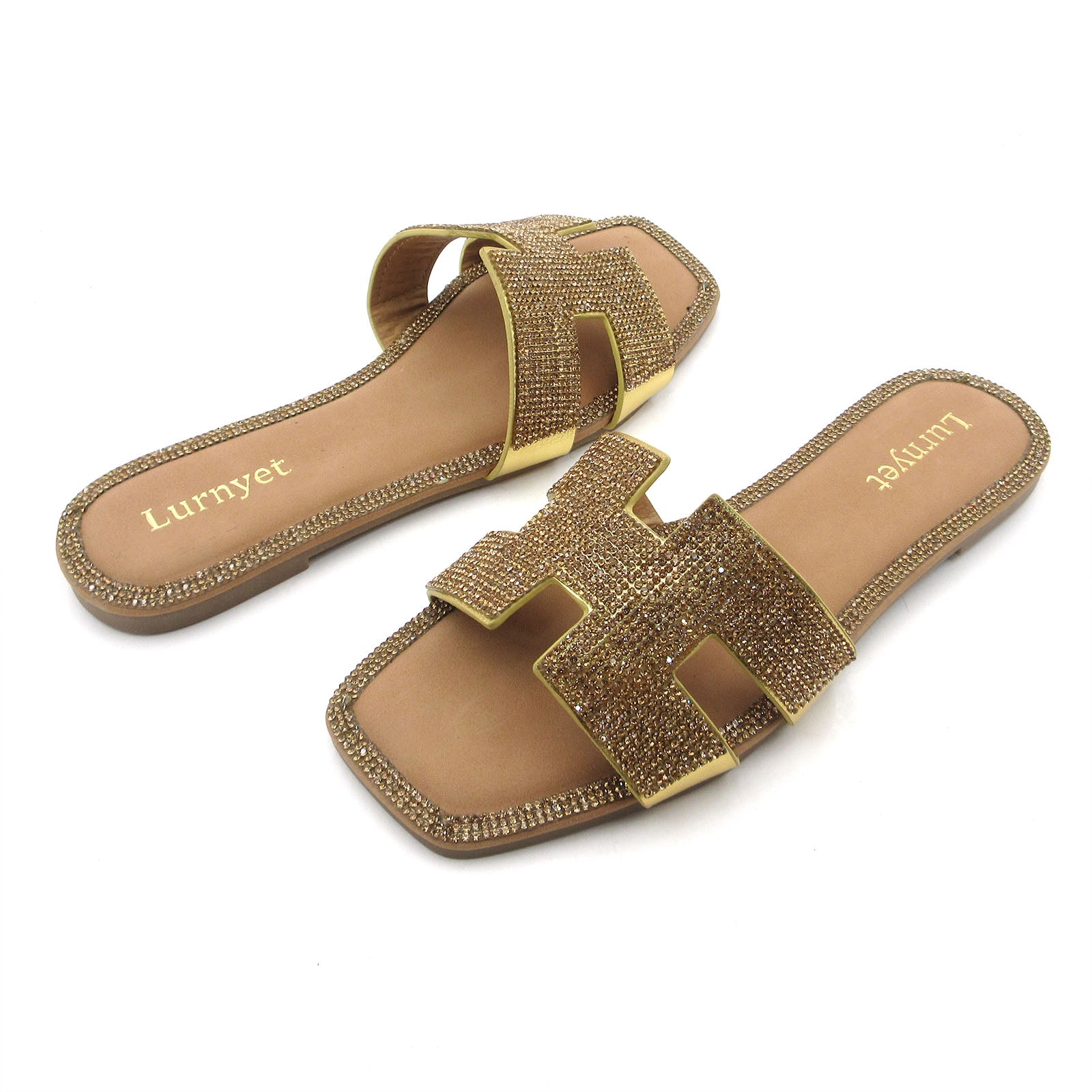 Lurnyet Women's Crystal Rhinestone Comfort Cushion Slide Casual Sandal Flat Heel