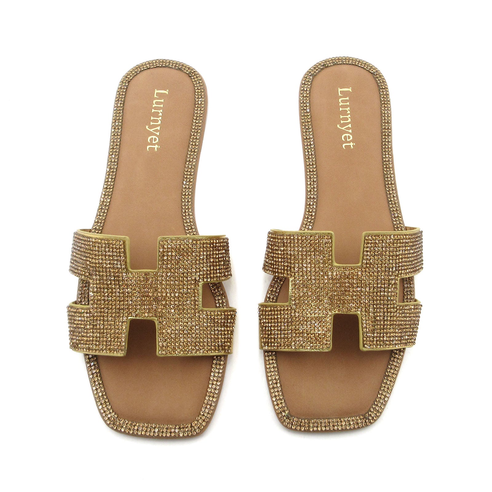 Lurnyet Women's Crystal Rhinestone Comfort Cushion Slide Casual Sandal Flat Heel