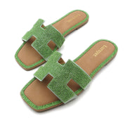 Lurnyet Women's Crystal Rhinestone Comfort Cushion Slide Casual Sandal Flat Heel