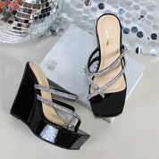 Glaze Women's Platform 5 Inch Wedge Sandals, Square Toe Rhinestone Strappy Design