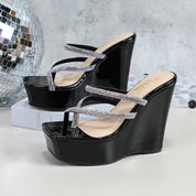 Glaze Women's Platform 5 Inch Wedge Sandals, Square Toe Rhinestone Strappy Design