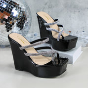 Glaze Women's Platform 5 Inch Wedge Sandals, Square Toe Rhinestone Strappy Design