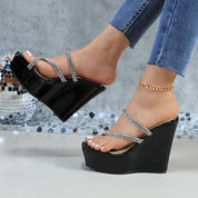 Glaze Women's Platform 5 Inch Wedge Sandals, Square Toe Rhinestone Strappy Design