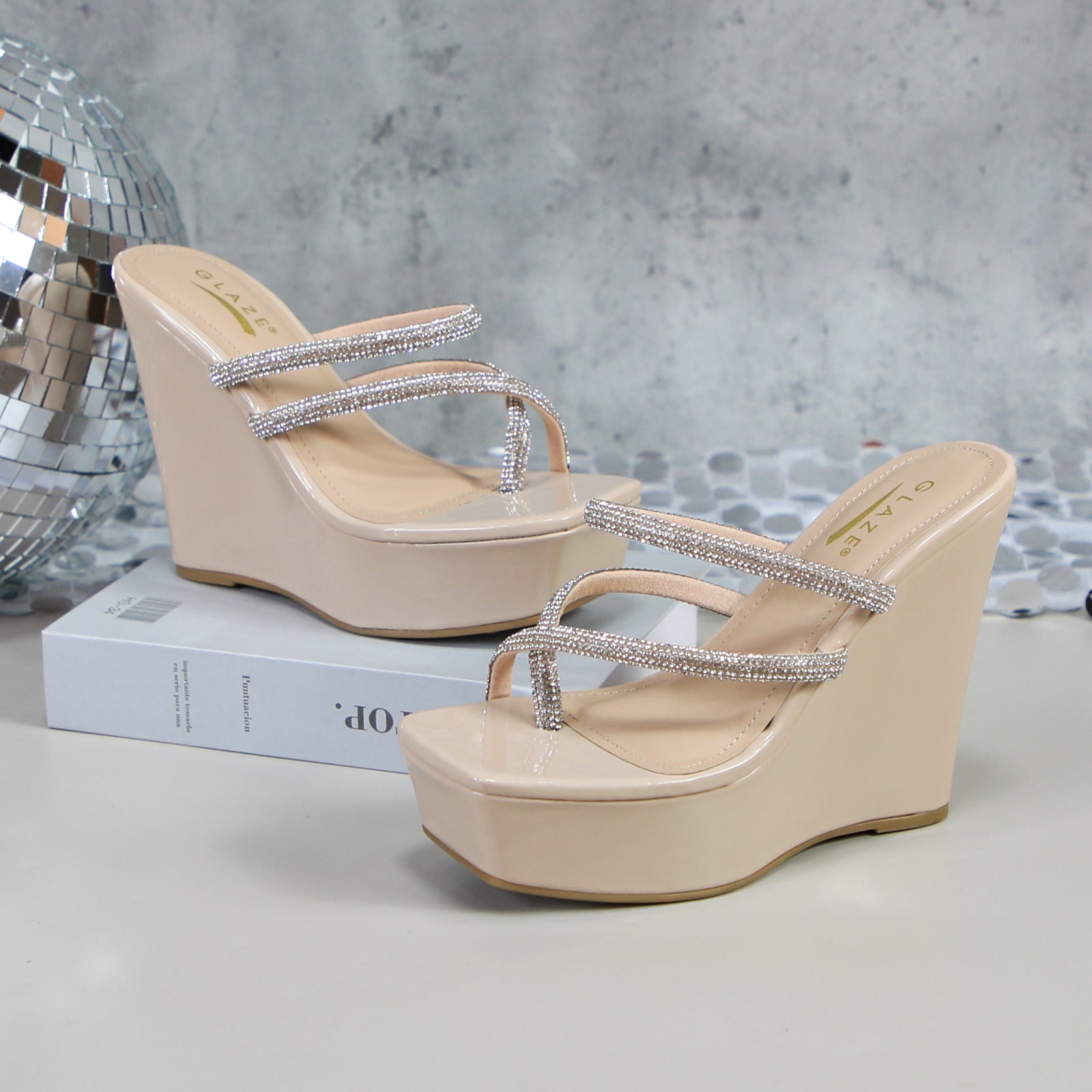 Glaze Women's Platform 5 Inch Wedge Sandals, Square Toe Rhinestone Strappy Design